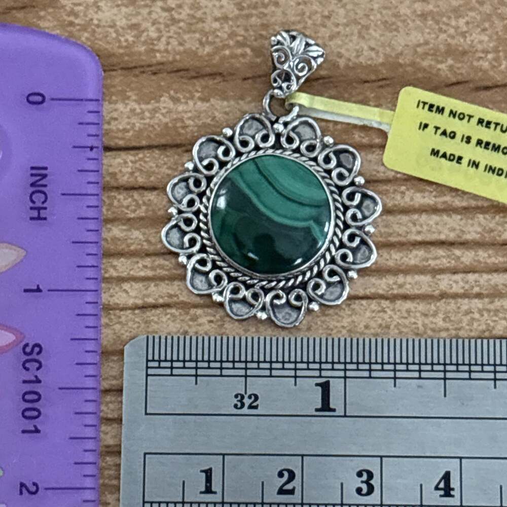 Artisan Crafted African Malachite Womens Round Pendant Sterling Silver Oxidized - Picture 7 of 8